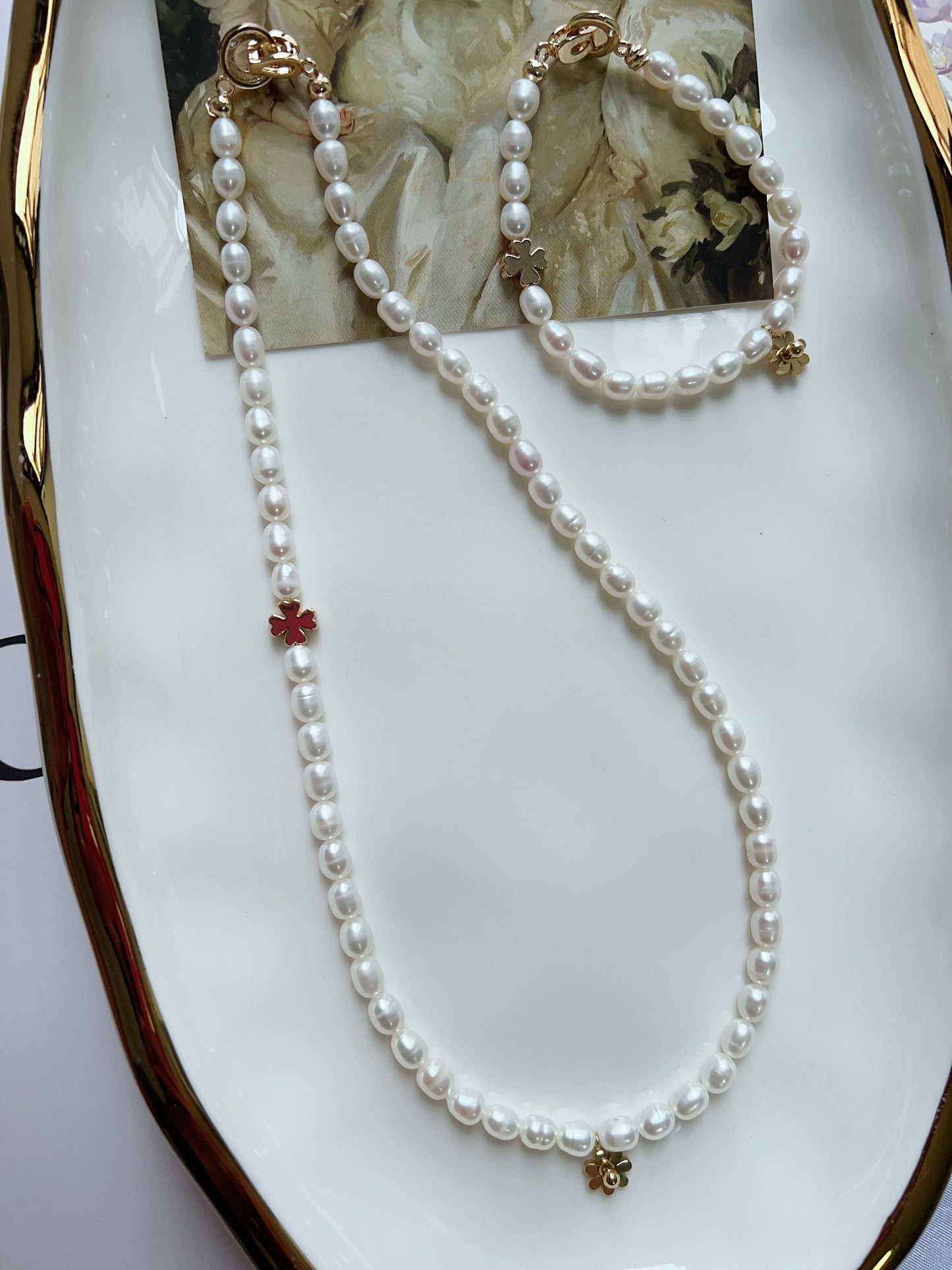 #PN1282 Freshwater pearl necklace & bracelet set rice shaped baroque pearl daisy pendant flower charm simple and elegant