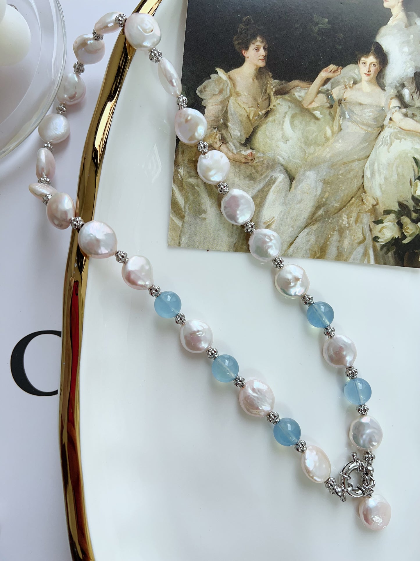 #PN1248 Freshwater Pearl Necklace & Bracelet Set Top tier Aquamarine Coin baroque pearls pendant Lustrous 48cm