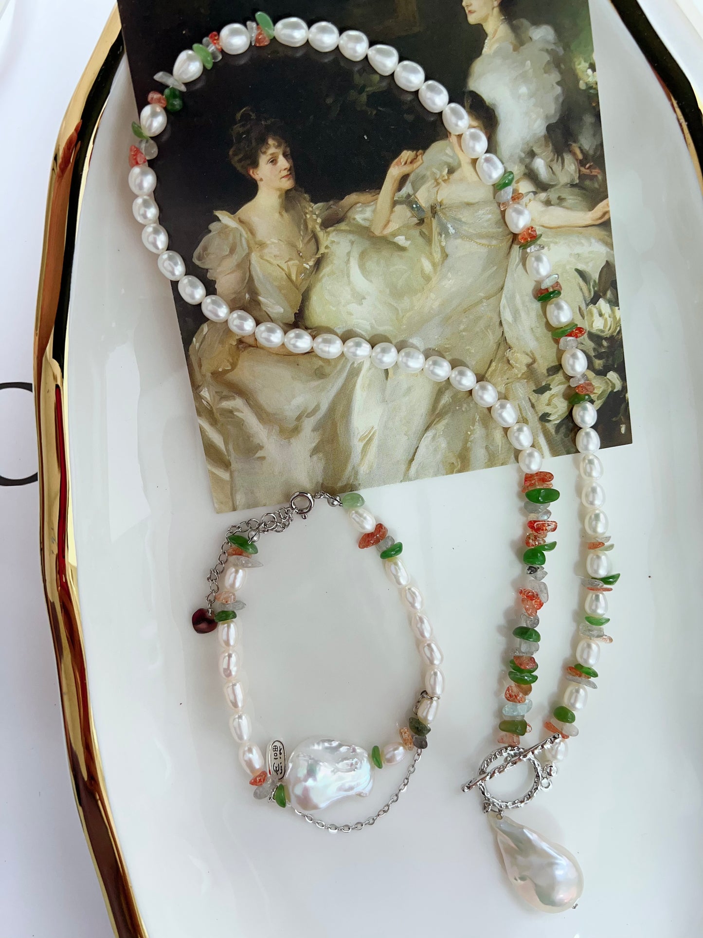 #PN1270 Freshwater pearl necklace & bracelet set agate Labradorite aventurine chips big fishtail baroque pendant lustrous