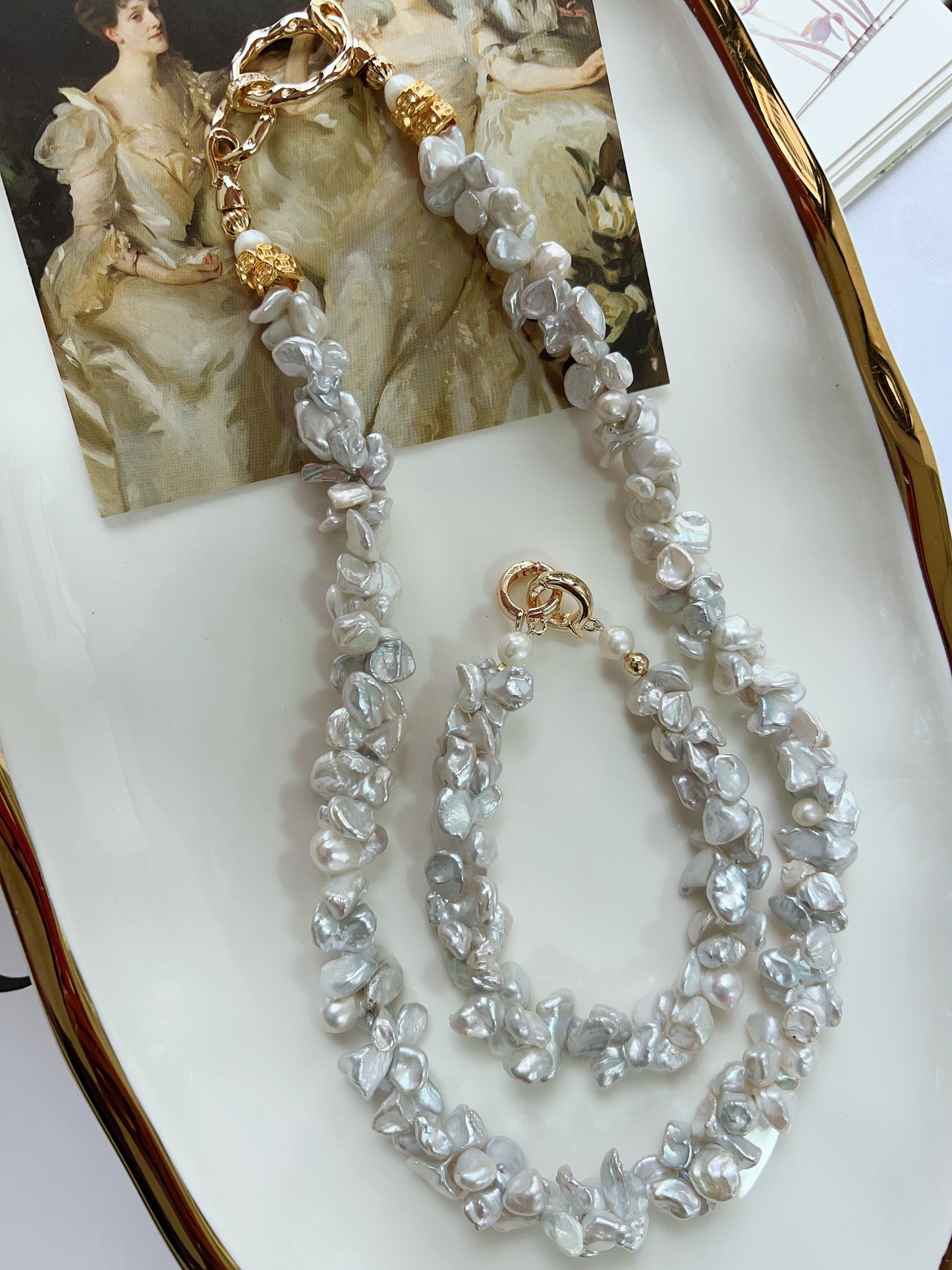#PN1245 Freshwater Pearl Necklace & Bracelet Set 19cm 47cm caterpillar design blue grey Lustre can connect to wear double-end clasp bracelet butterfly irregular Pearl