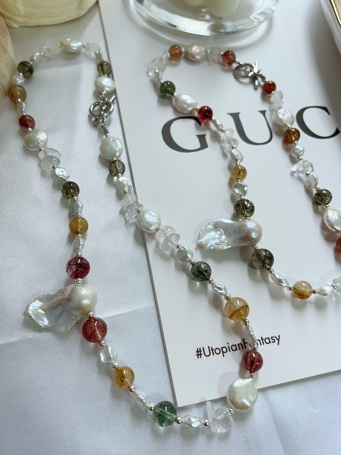 #PN1279 Freshwater pearl necklace high quality rutile colorful Rutilated quartz coin baroque pearl fishtail baroque pearl