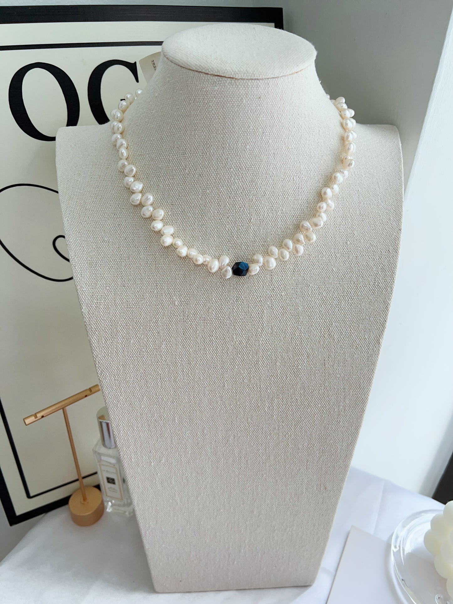 #PN1258 Freshwater pearl necklace 42+5cm agate faceted lace design