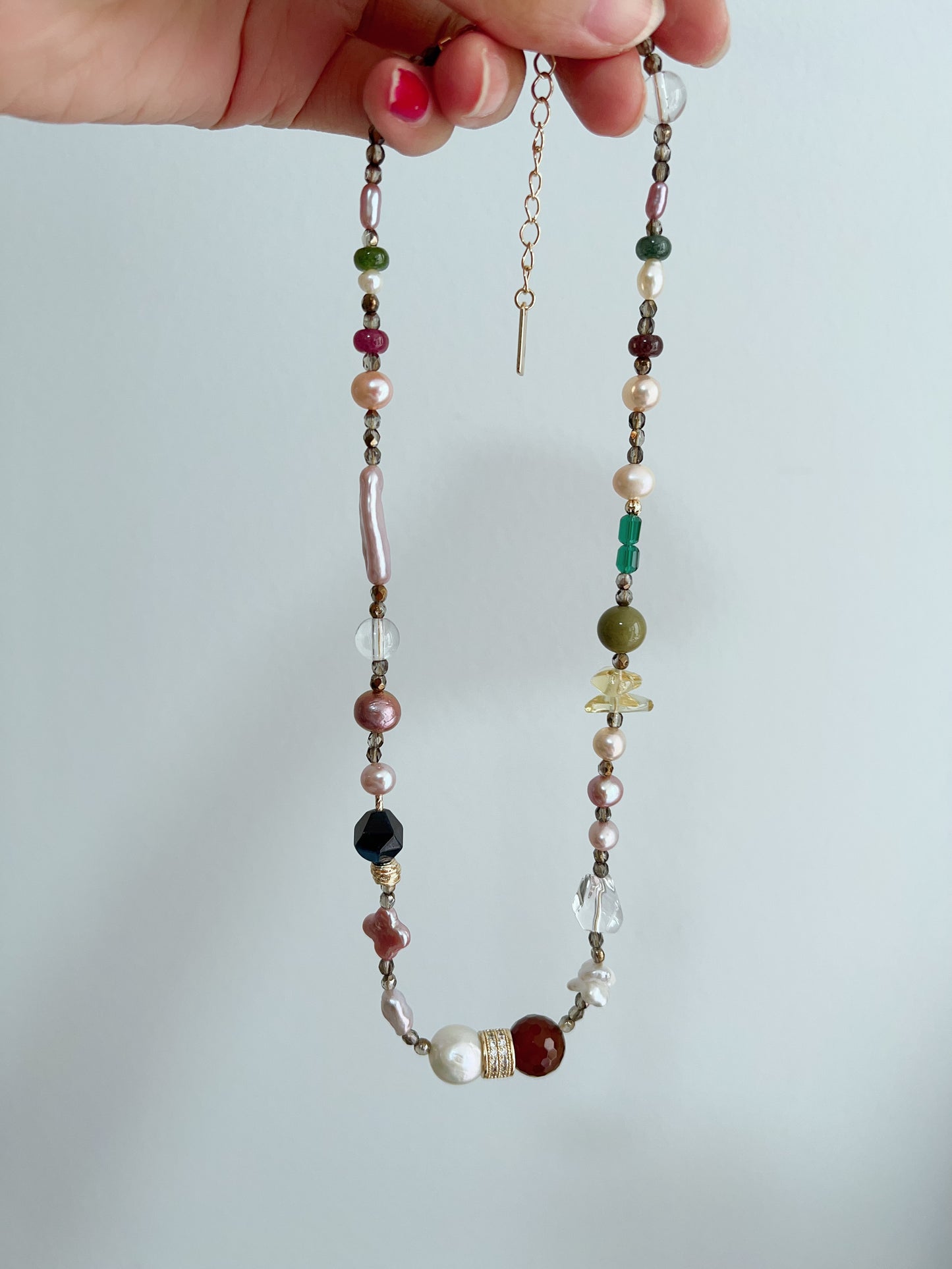 #PN1259 Freshwater pearl necklace alashan agate red agate citrine tourmaline 43+5cm clover pearl stick pearl