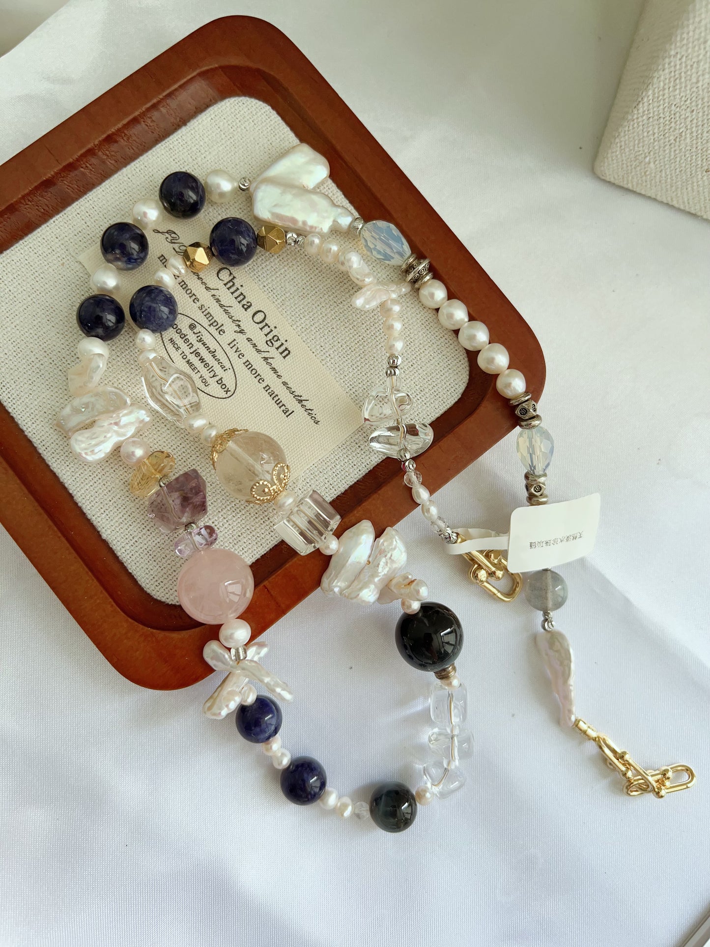 #PN1264 Freshwater pearl necklace 64cm tiger eye lapis lazuli rose quartz citrine amethyst lute pearl clear quartz multiple wearing