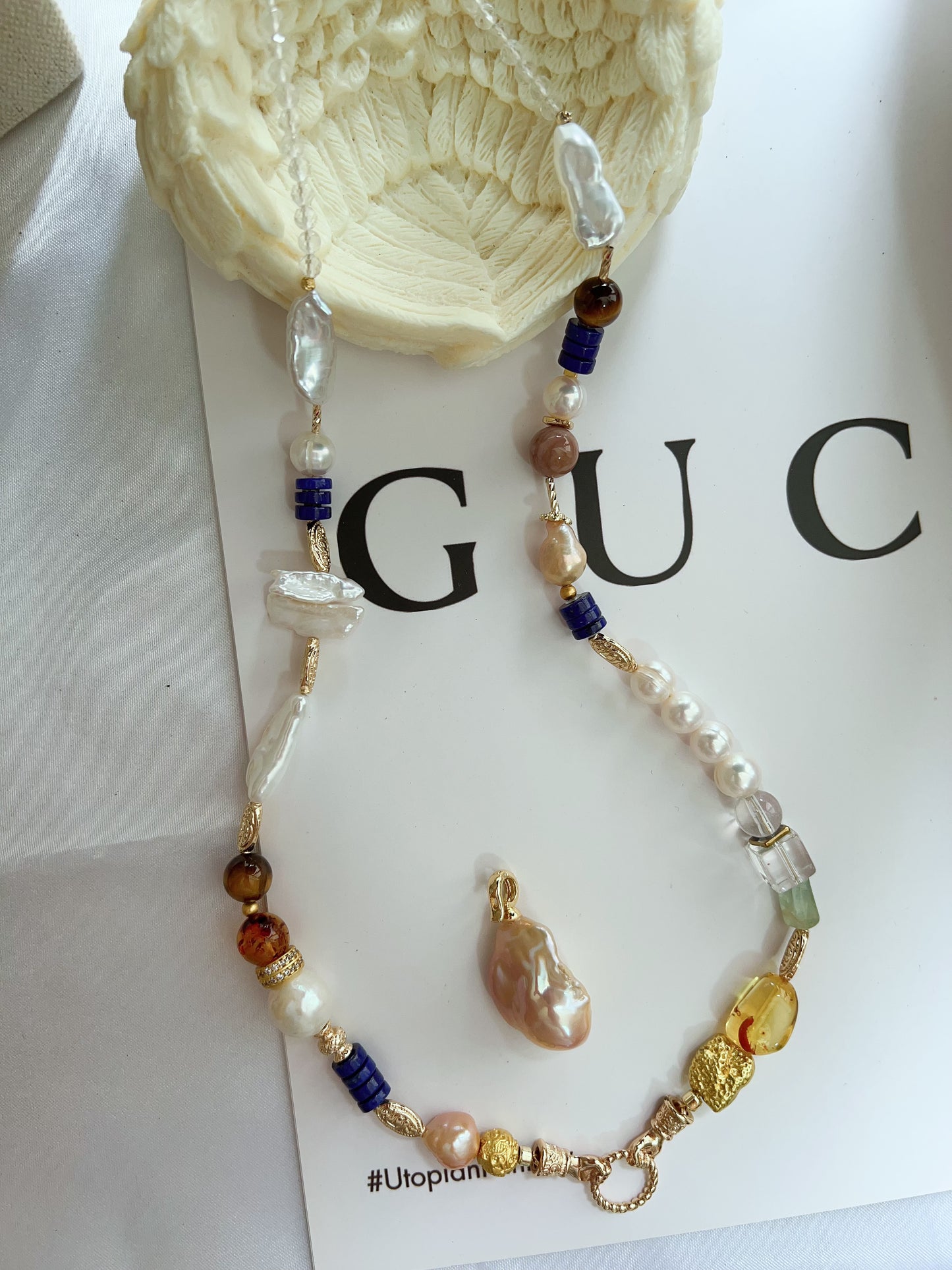 #PN1263 Freshwater pearl necklace 65cm amber fluorite detachable pendant fishtail baroque pearl lapis lazuli