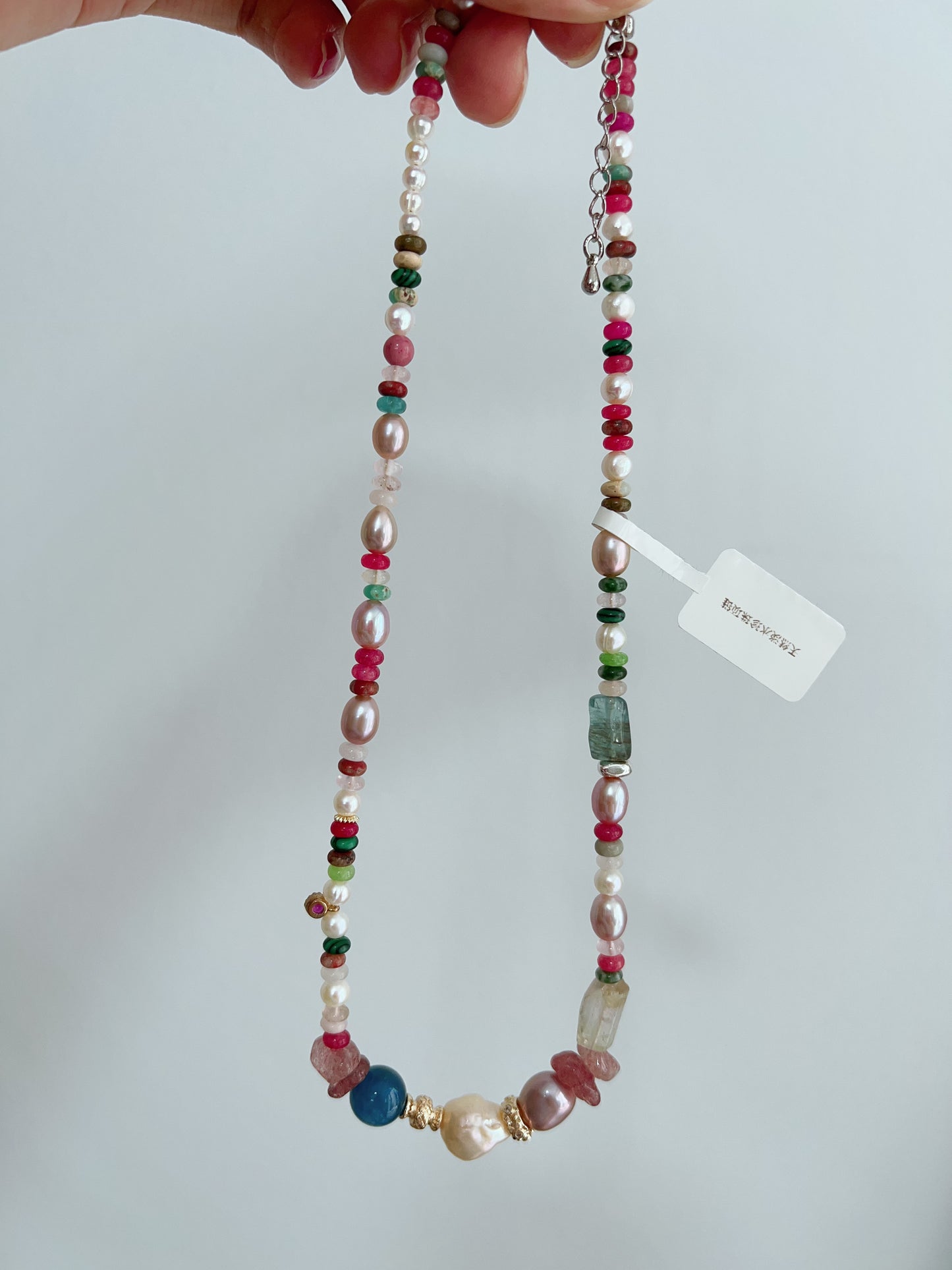 #PN1255 Freshwater pearl necklace 40+5cm Blue Apatite tourmaline citrine strawberry quartz