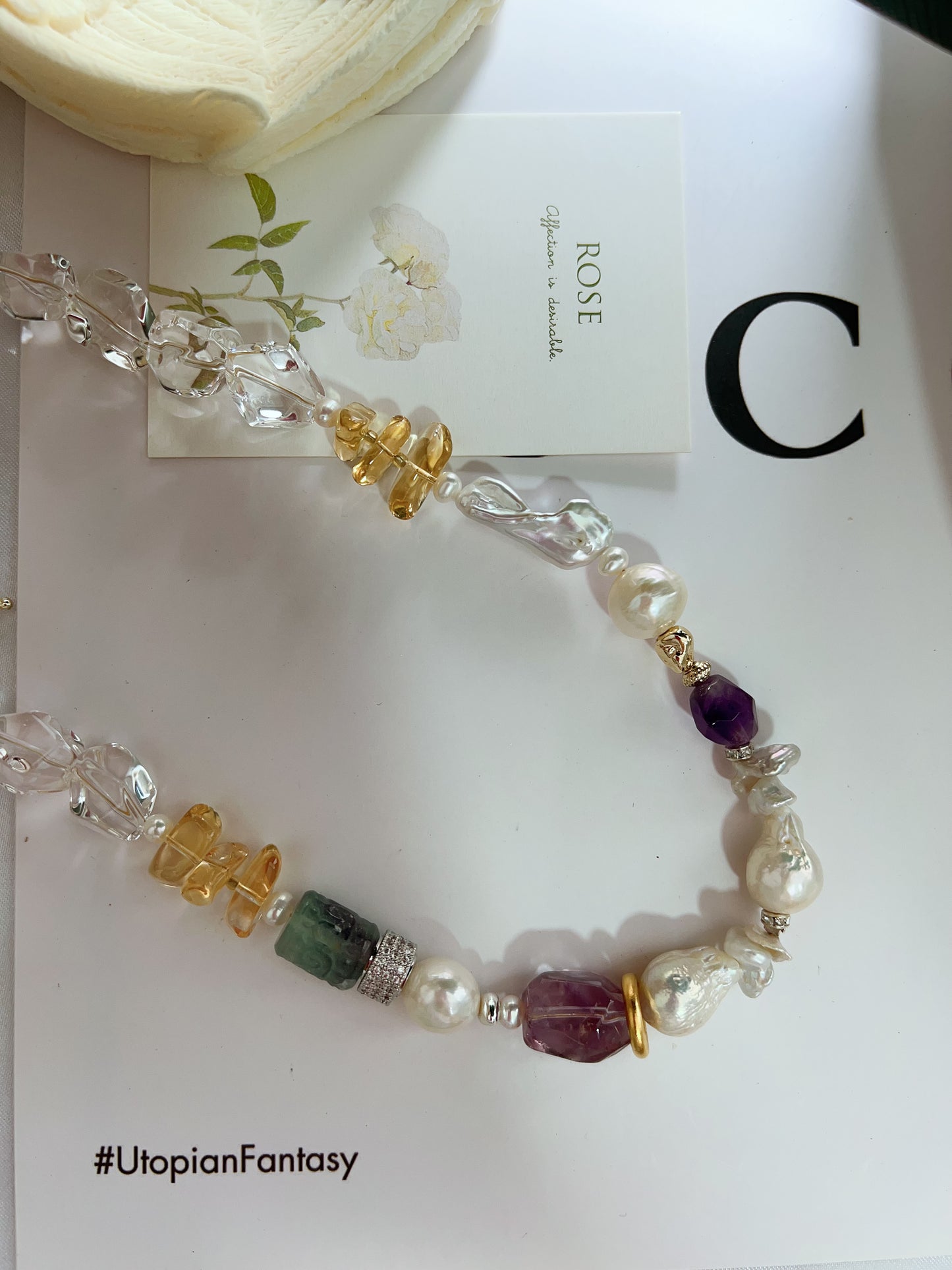 #PN1257 Freshwater pearl necklace 38+12cm clear quartz freeform carved fluorite amethyst irregular baroque