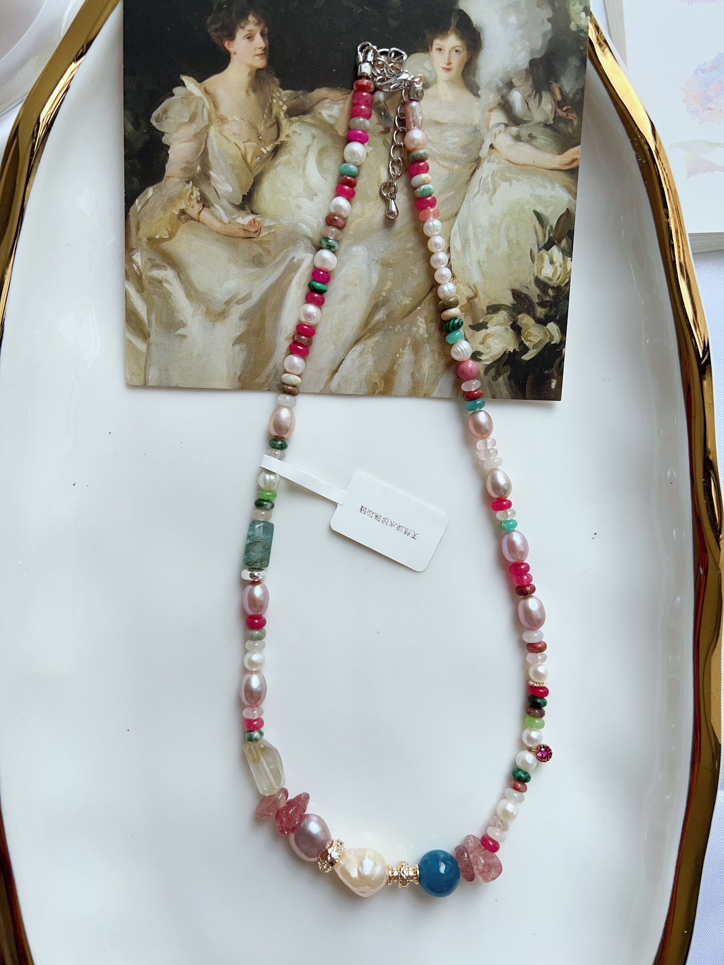 #PN1255 Freshwater pearl necklace 40+5cm Blue Apatite tourmaline citrine strawberry quartz