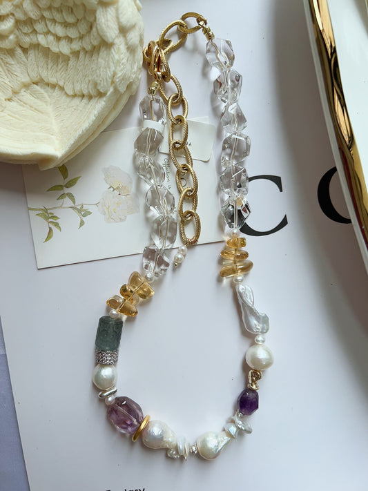 #PN1257 Freshwater pearl necklace 38+12cm clear quartz freeform carved fluorite amethyst irregular baroque