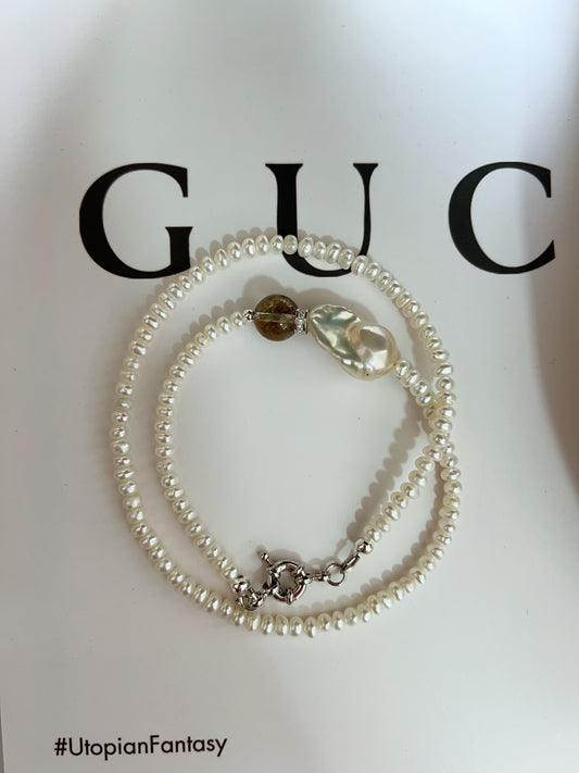 #PN1274 Freshwater pearl necklace high clarity green rutile cold lustre fishtail baroque pearl baby pearl excellent lustre