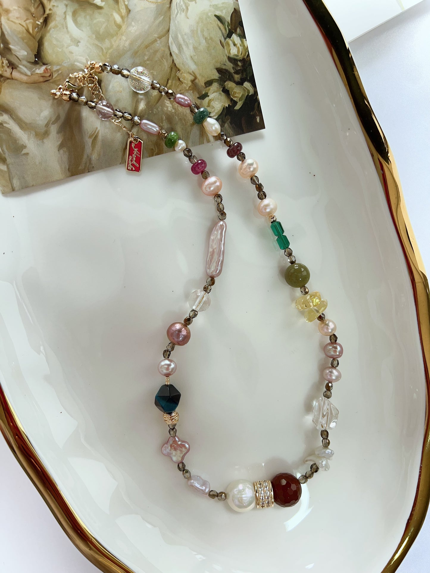 #PN1259 Freshwater pearl necklace alashan agate red agate citrine tourmaline 43+5cm clover pearl stick pearl