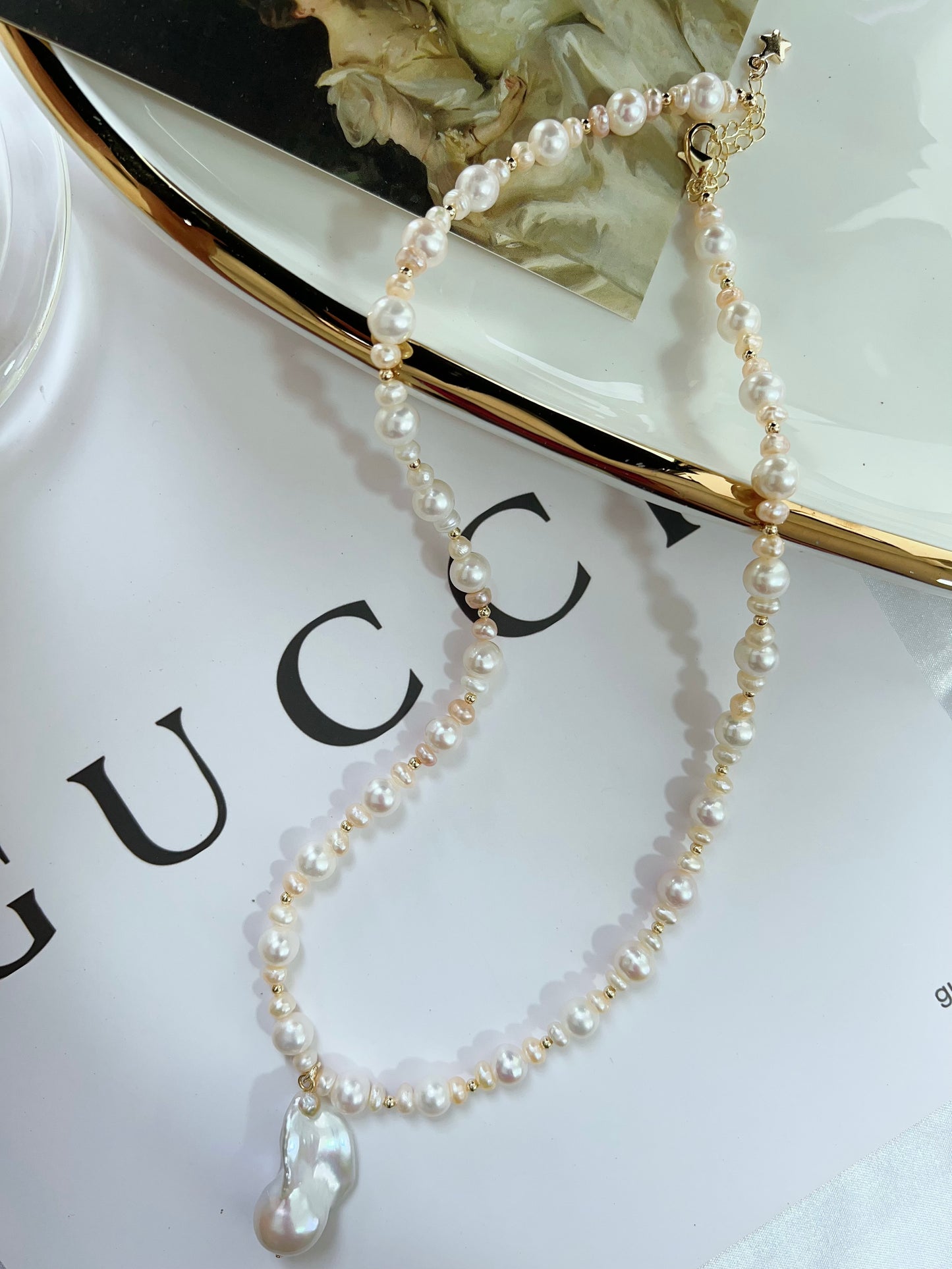 #PN1271 Freshwater pearl necklace light pink golden mixed shaped pearls natural flaws fishtail baroque pearl pendant 48+5cm