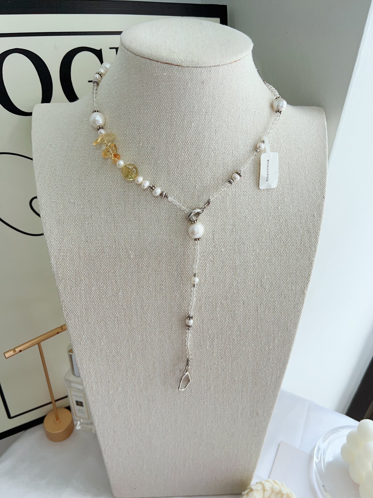 #PN1256 Freshwater pearl necklace 54cm multi wearing rose quartz citrine long necklace