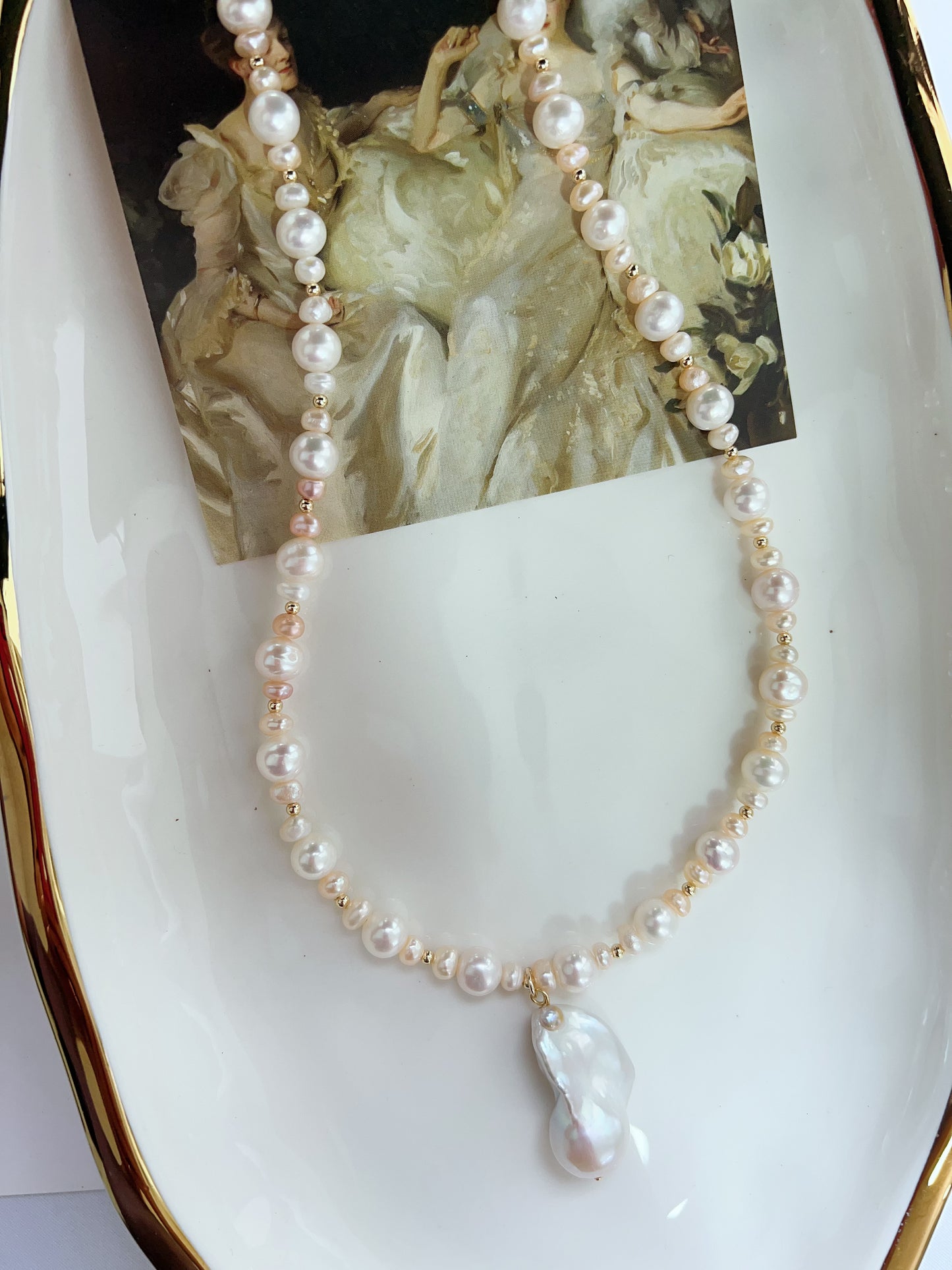 #PN1271 Freshwater pearl necklace light pink golden mixed shaped pearls natural flaws fishtail baroque pearl pendant 48+5cm