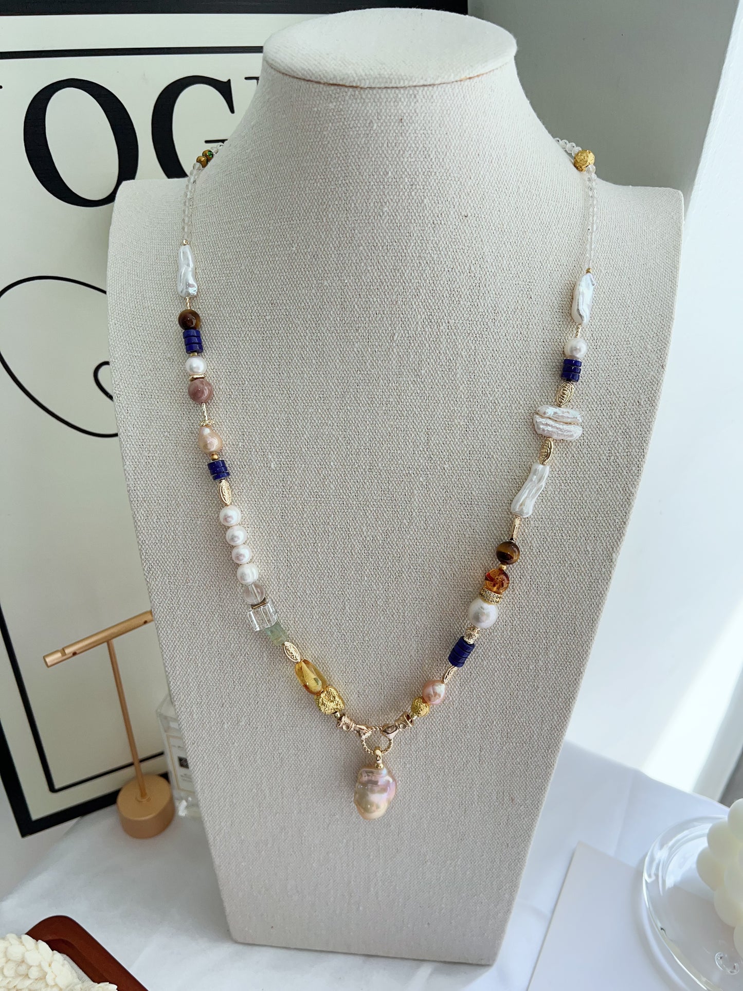 #PN1263 Freshwater pearl necklace 65cm amber fluorite detachable pendant fishtail baroque pearl lapis lazuli