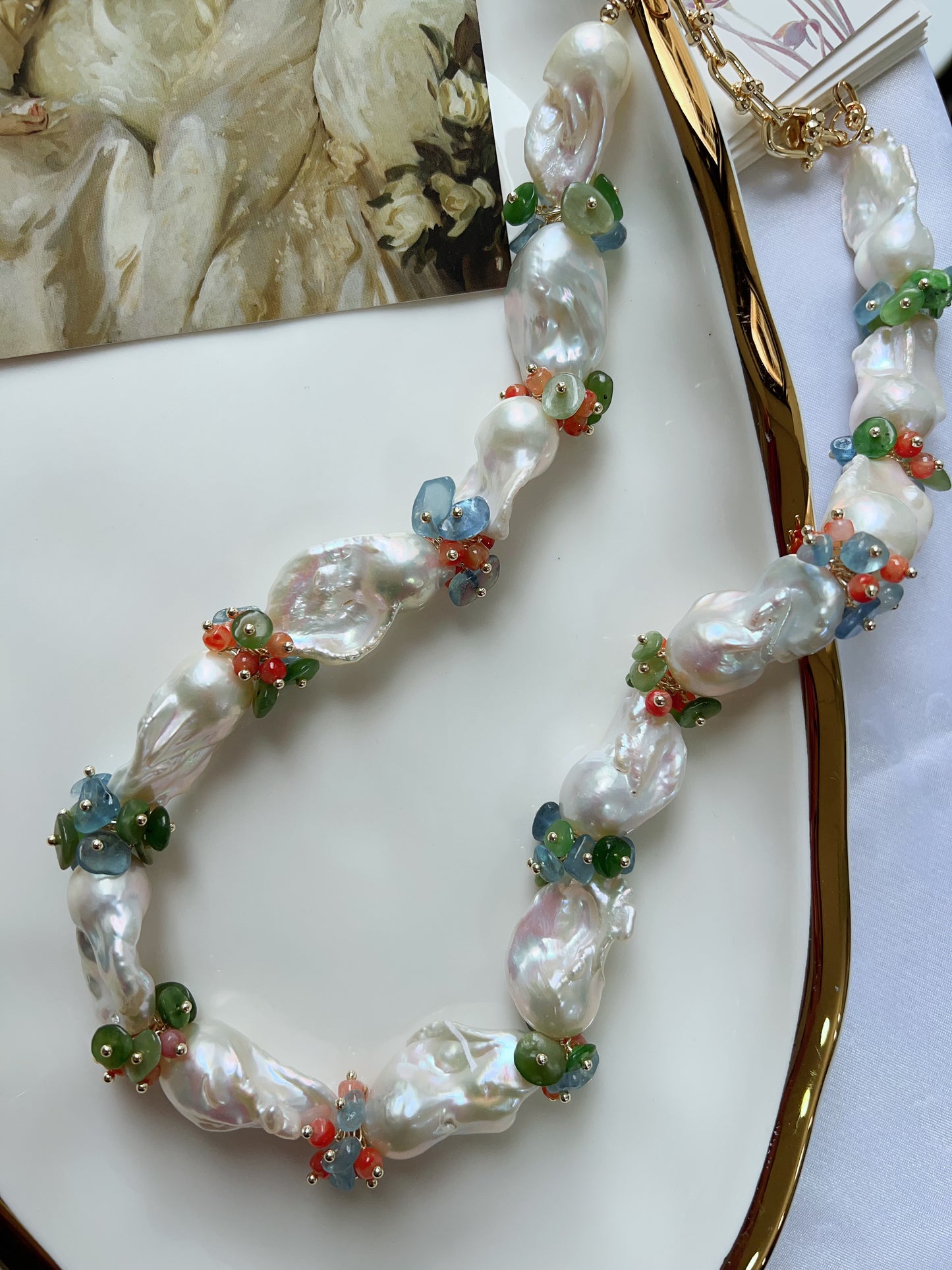 #PN1247 [Floral Series] Freshwater Pearl Necklace & Earrings Set big blue-ish Fishtail Baroque Pearl Aventurine Aquamarine peach Agate flower petals high quality one of a kind