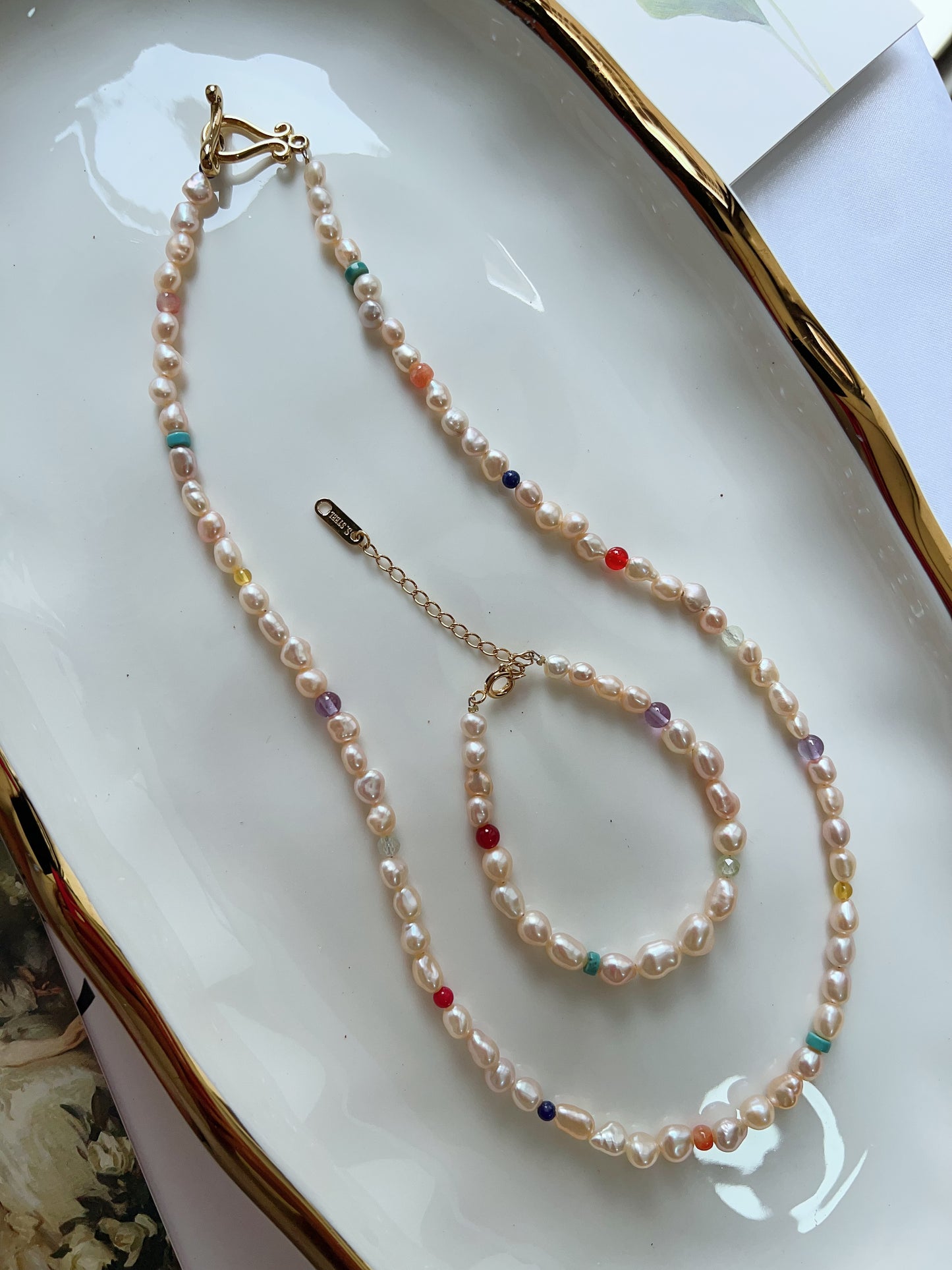 #PN1266 Freshwater Pearl Necklace & Bracelet Set champagne golden pearl rainbow natural stones agate amazonite lapis lazuli prehnite small beads