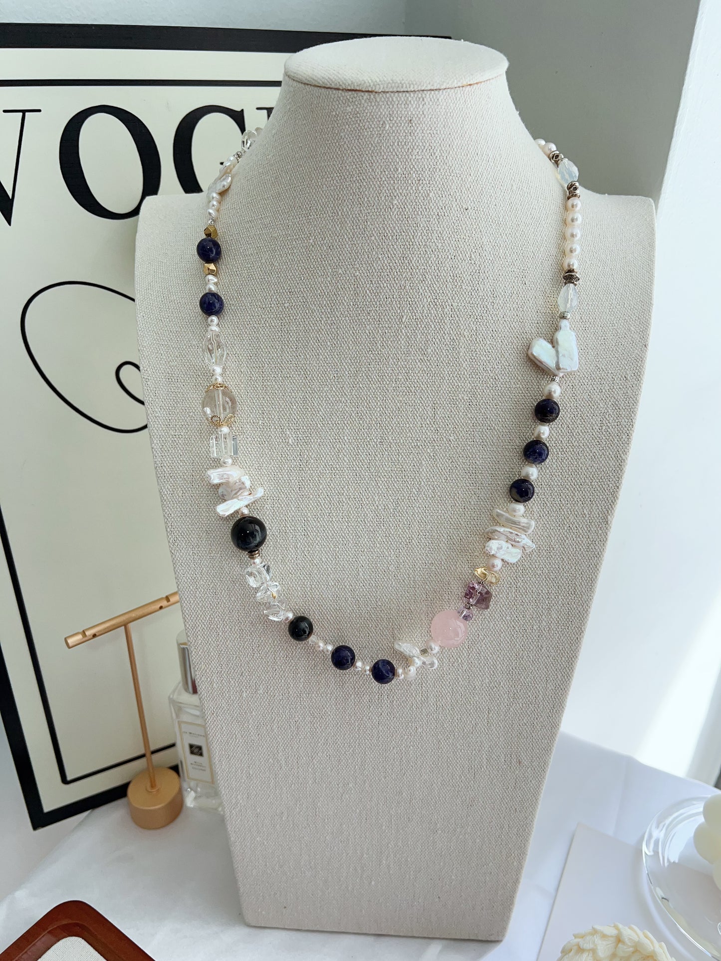 #PN1264 Freshwater pearl necklace 64cm tiger eye lapis lazuli rose quartz citrine amethyst lute pearl clear quartz multiple wearing