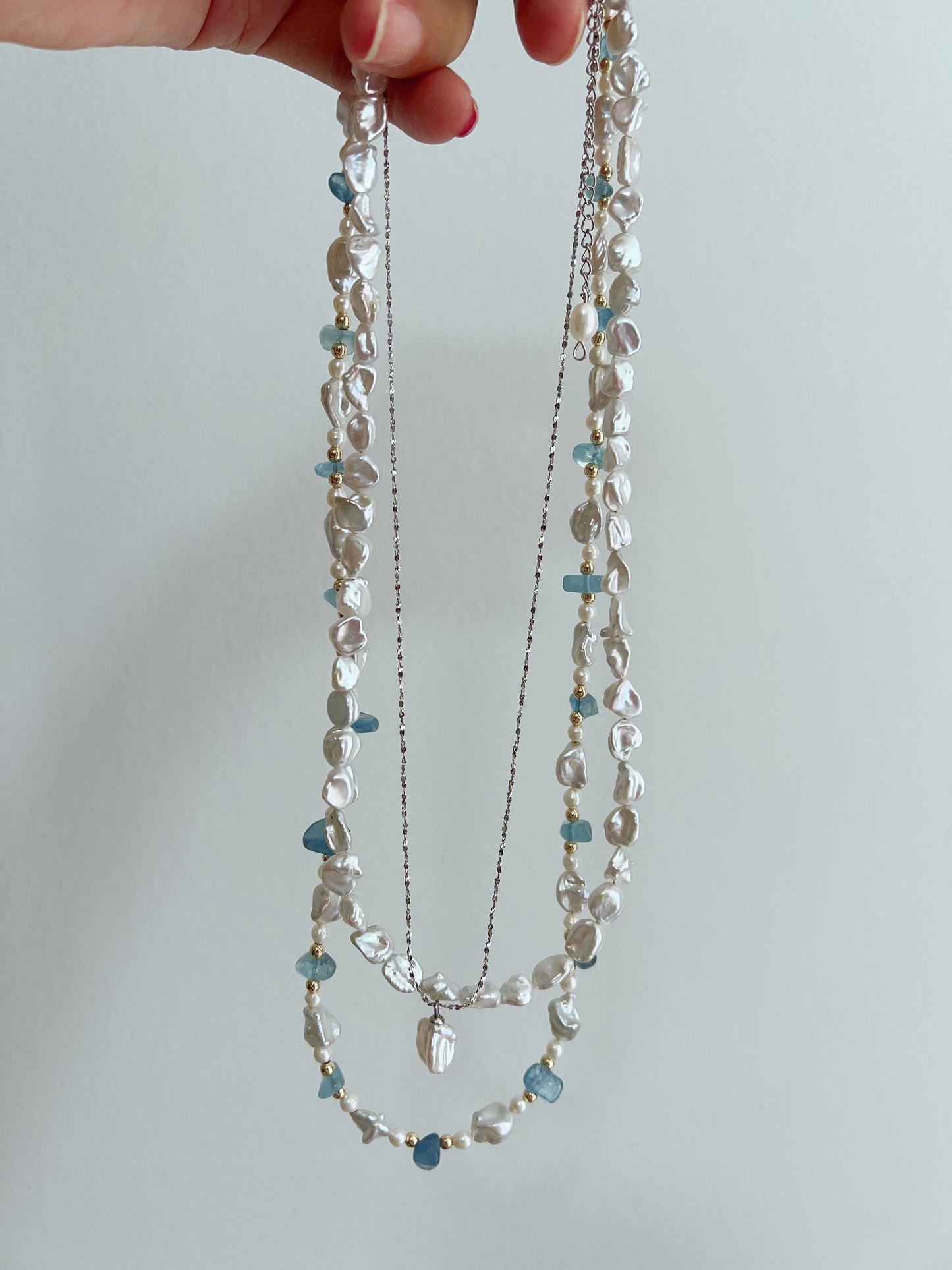 #PN1268 Freshwater pearl necklace set 3 pcs set high quality aquamarine chips ancient silver stone irregular pearl lustrous dainty pendant