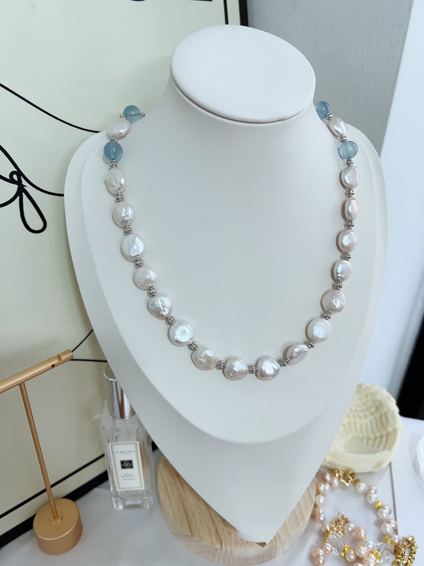 #PN1248 Freshwater Pearl Necklace & Bracelet Set Top tier Aquamarine Coin baroque pearls pendant Lustrous 48cm