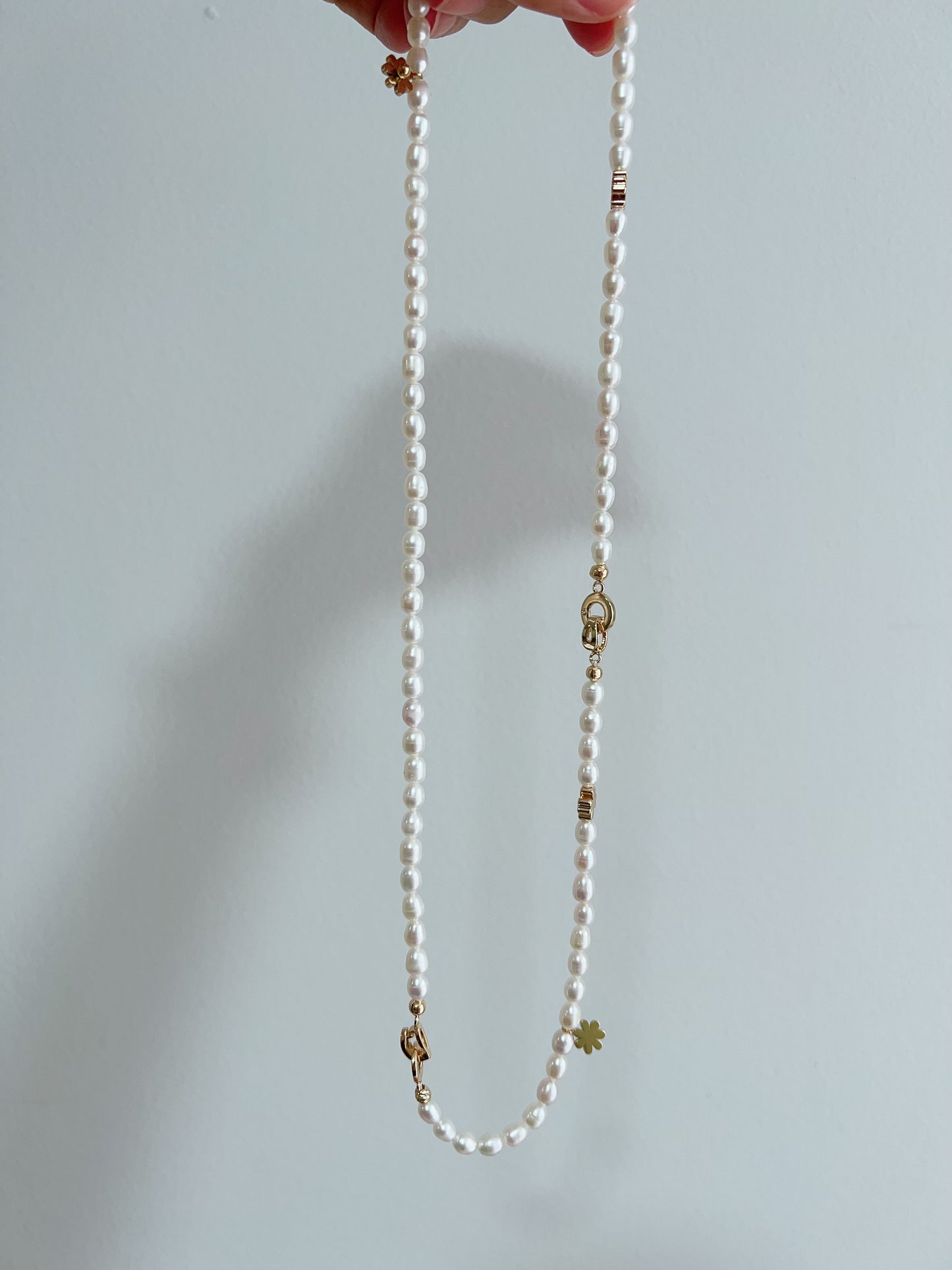 #PN1282 Freshwater pearl necklace & bracelet set rice shaped baroque pearl daisy pendant flower charm simple and elegant