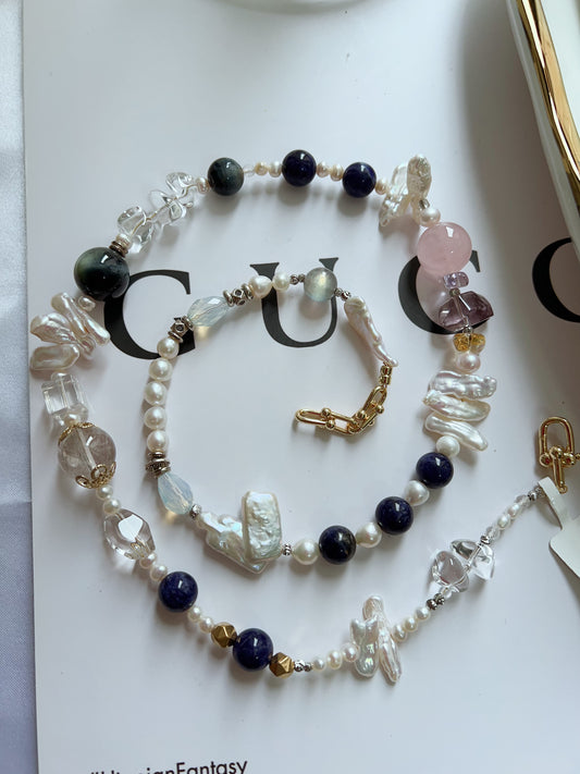 #PN1264 Freshwater pearl necklace 64cm tiger eye lapis lazuli rose quartz citrine amethyst lute pearl clear quartz multiple wearing