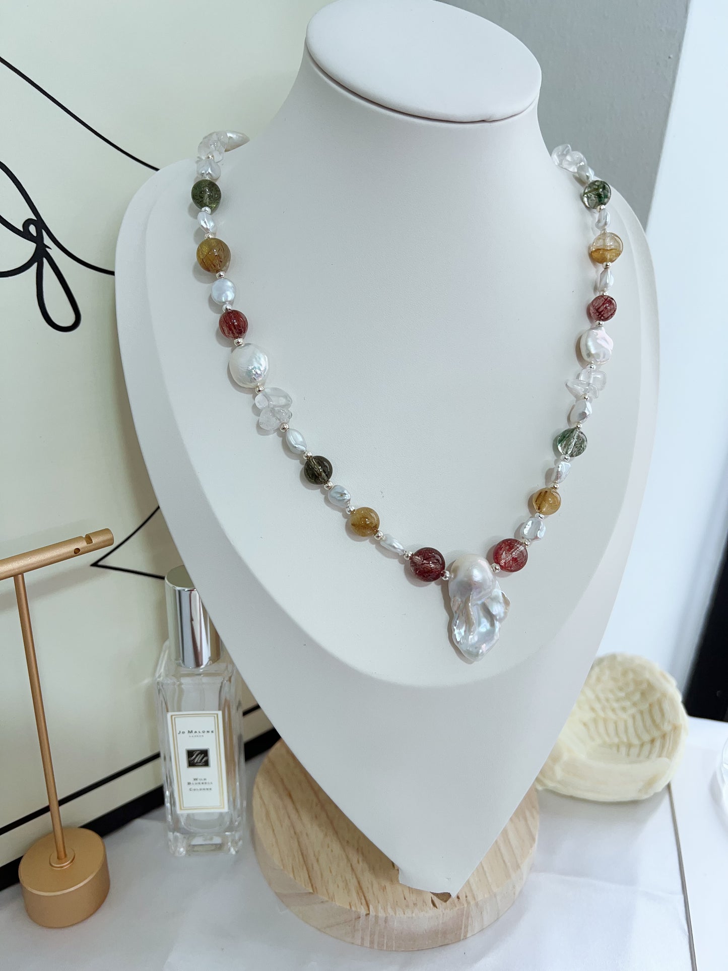 #PN1279 Freshwater pearl necklace high quality rutile colorful Rutilated quartz coin baroque pearl fishtail baroque pearl