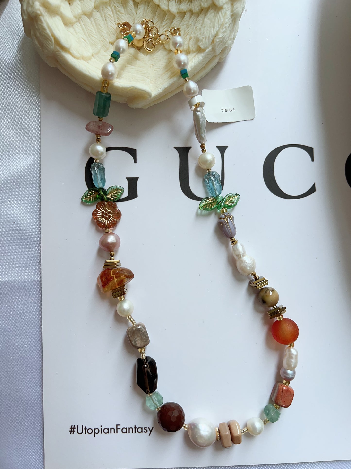 #PN1262 Freshwater pearl necklace agate fluorite citrine flower & leaf design colorful 43+5cm