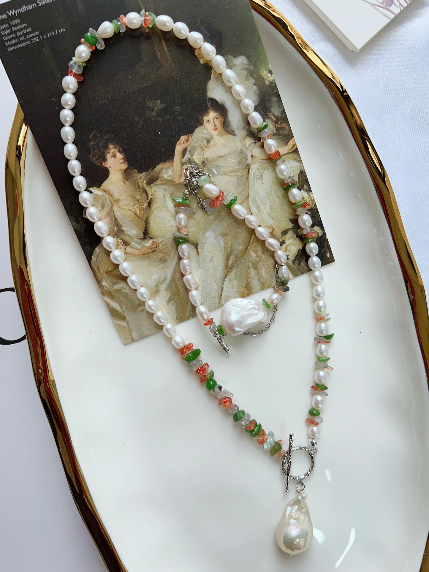 #PN1270 Freshwater pearl necklace & bracelet set agate Labradorite aventurine chips big fishtail baroque pendant lustrous