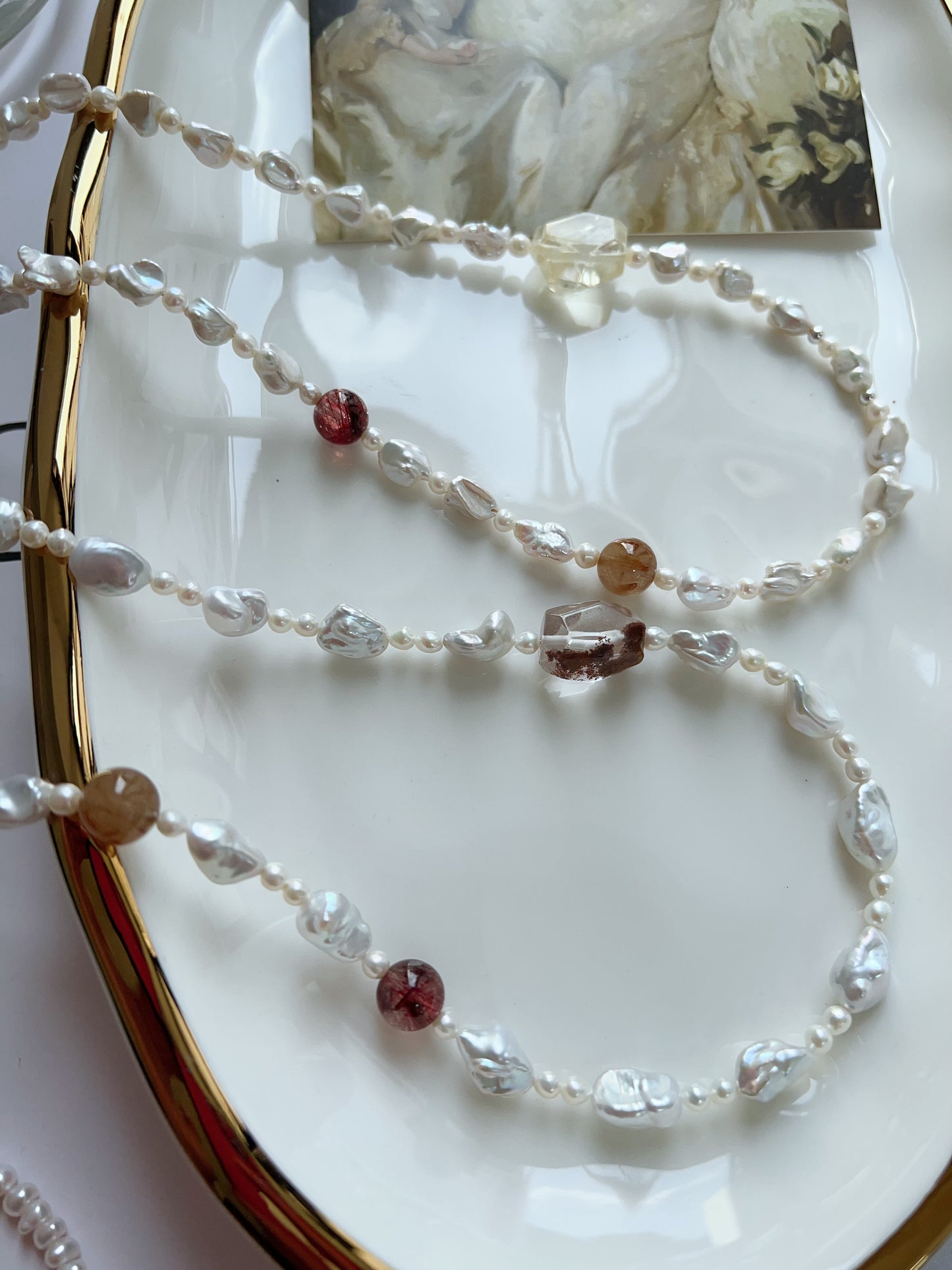 #PN1272 Freshwater pearl necklace silver stone irregular pearls silver lustre red rutile citrine freeform hematoid freeform 48cm 57cm