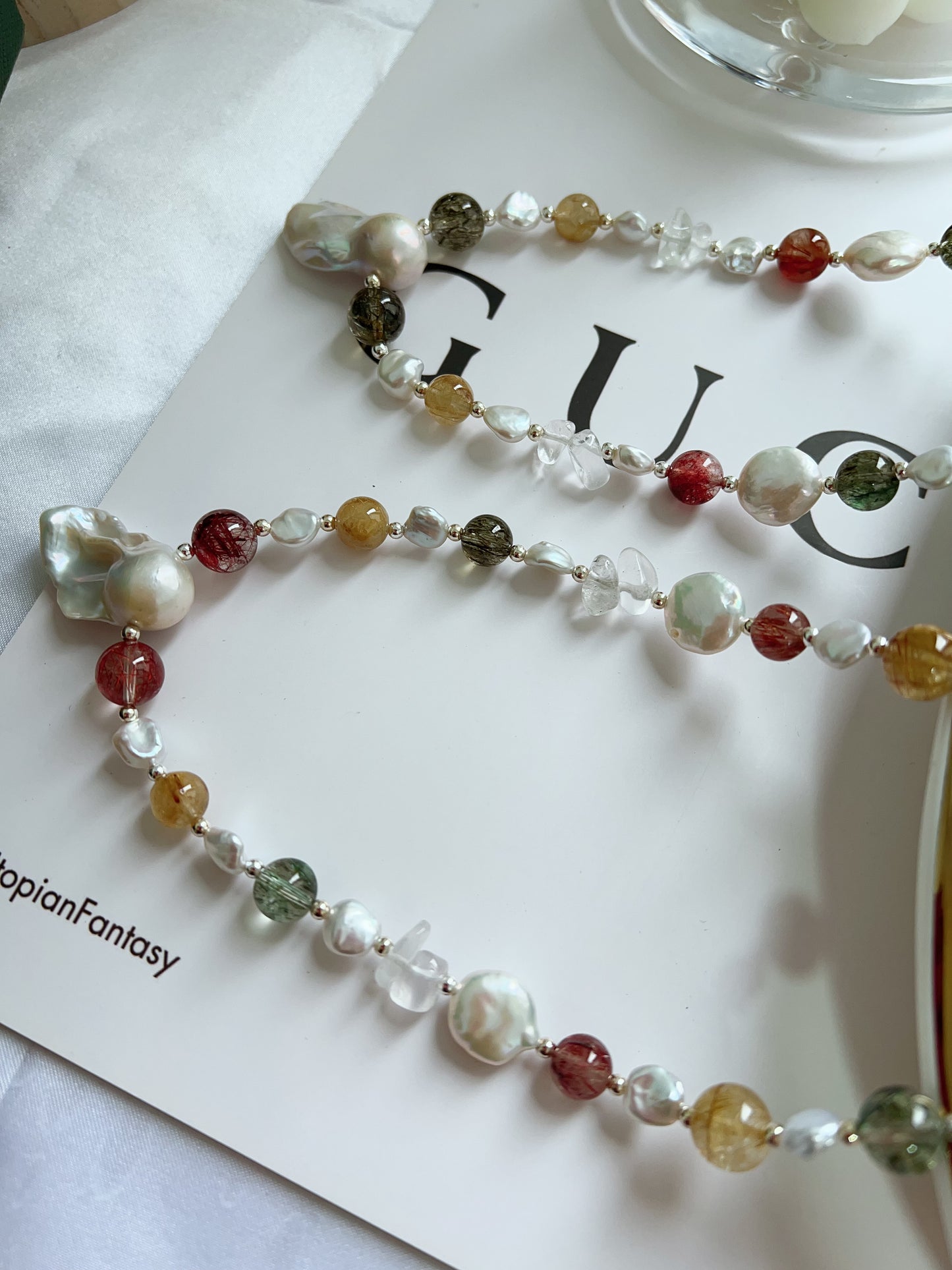 #PN1279 Freshwater pearl necklace high quality rutile colorful Rutilated quartz coin baroque pearl fishtail baroque pearl