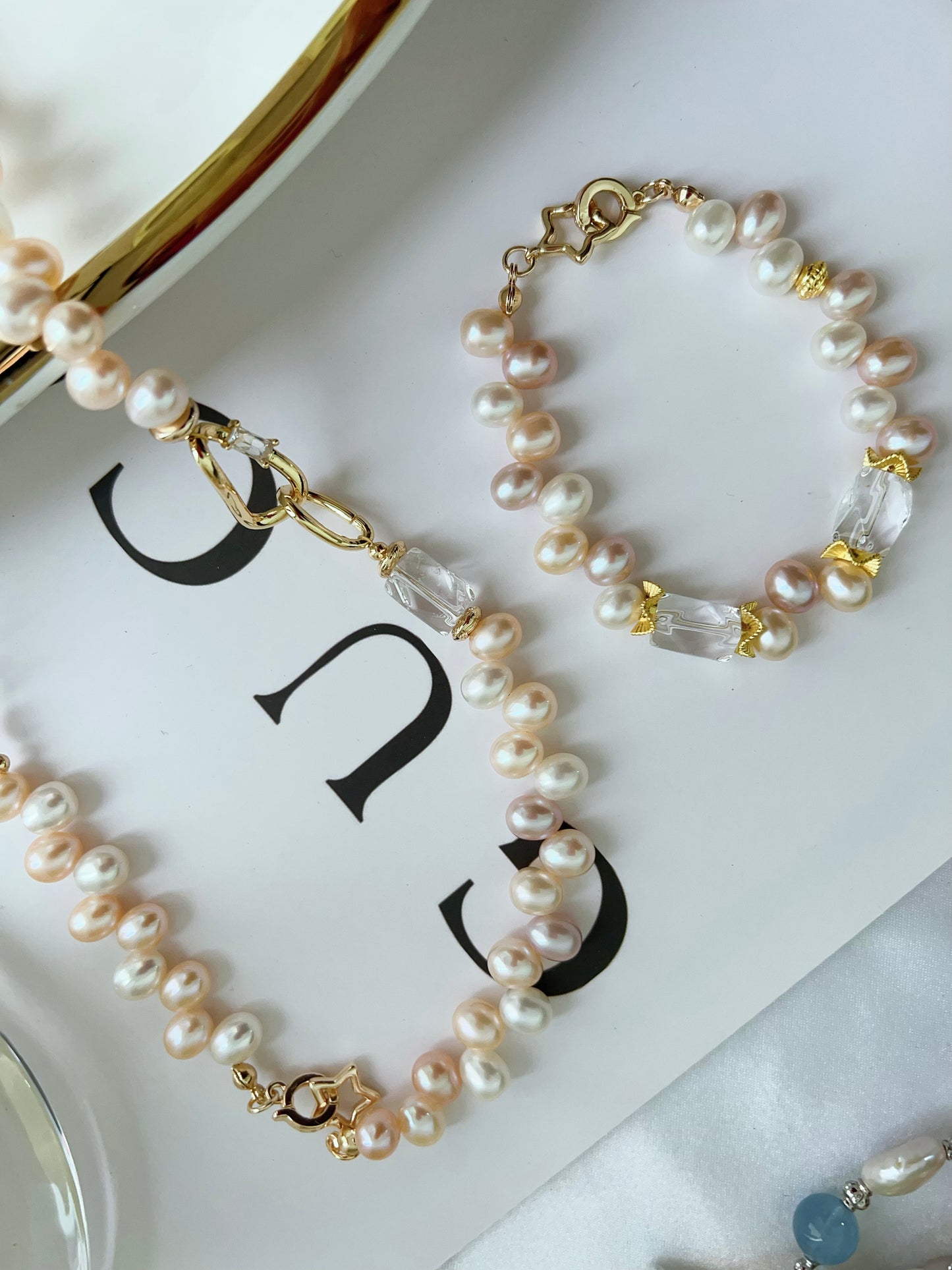 #PN1246 Freshwater Pearl Necklace & Bracelet Set chunky Rice Pearl clear quartz Freeform lace design Lustrous mixed colors