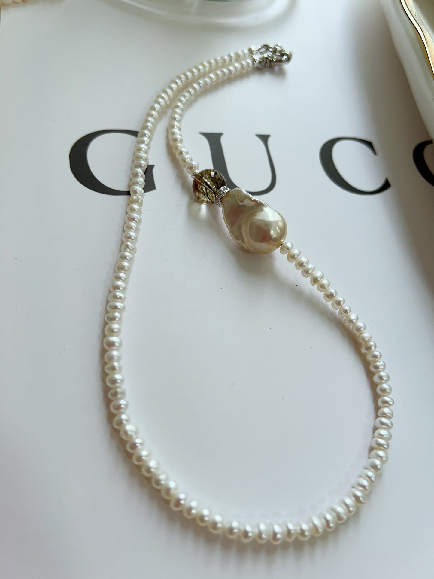 #PN1274 Freshwater pearl necklace high clarity green rutile cold lustre fishtail baroque pearl baby pearl excellent lustre