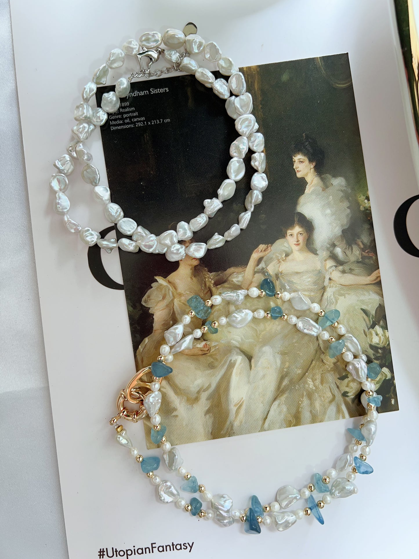 #PN1268 Freshwater pearl necklace set 3 pcs set high quality aquamarine chips ancient silver stone irregular pearl lustrous dainty pendant