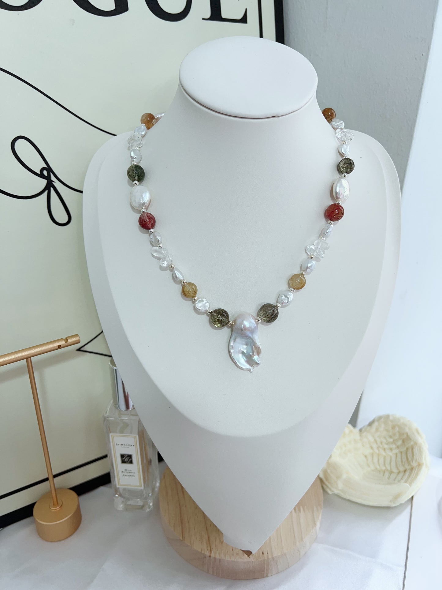 #PN1279 Freshwater pearl necklace high quality rutile colorful Rutilated quartz coin baroque pearl fishtail baroque pearl