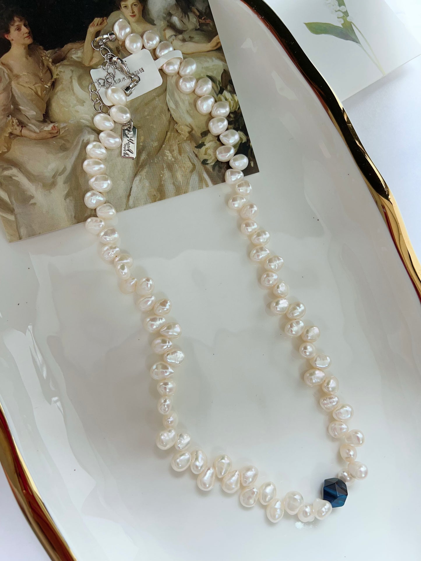 #PN1258 Freshwater pearl necklace 42+5cm agate faceted lace design
