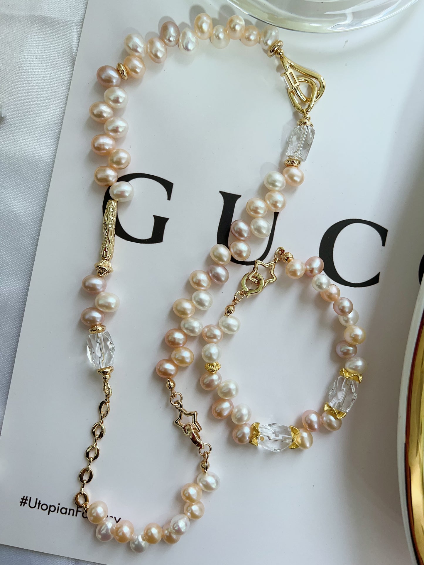 #PN1246 Freshwater Pearl Necklace & Bracelet Set chunky Rice Pearl clear quartz Freeform lace design Lustrous mixed colors