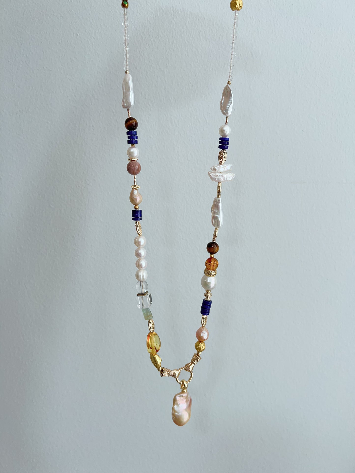 #PN1263 Freshwater pearl necklace 65cm amber fluorite detachable pendant fishtail baroque pearl lapis lazuli