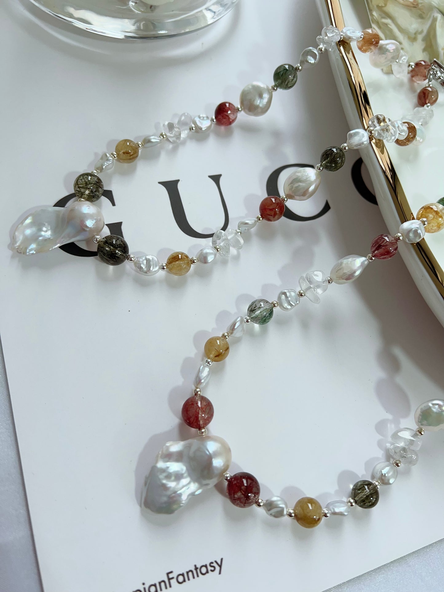 #PN1279 Freshwater pearl necklace high quality rutile colorful Rutilated quartz coin baroque pearl fishtail baroque pearl