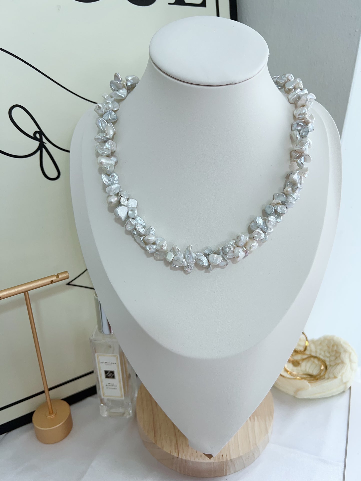 #PN1245 Freshwater Pearl Necklace & Bracelet Set 19cm 47cm caterpillar design blue grey Lustre can connect to wear double-end clasp bracelet butterfly irregular Pearl