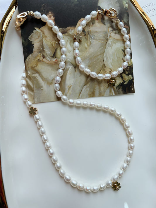 #PN1282 Freshwater pearl necklace & bracelet set rice shaped baroque pearl daisy pendant flower charm simple and elegant