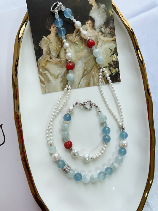 #PN1283 Freshwater pearl necklace & bracelet set top quality aquamarine gradient color Jinsi jade double-layered baby pearl