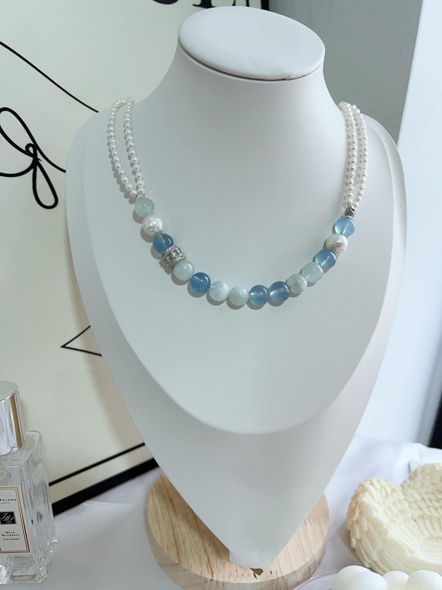 #PN1283 Freshwater pearl necklace & bracelet set top quality aquamarine gradient color Jinsi jade double-layered baby pearl