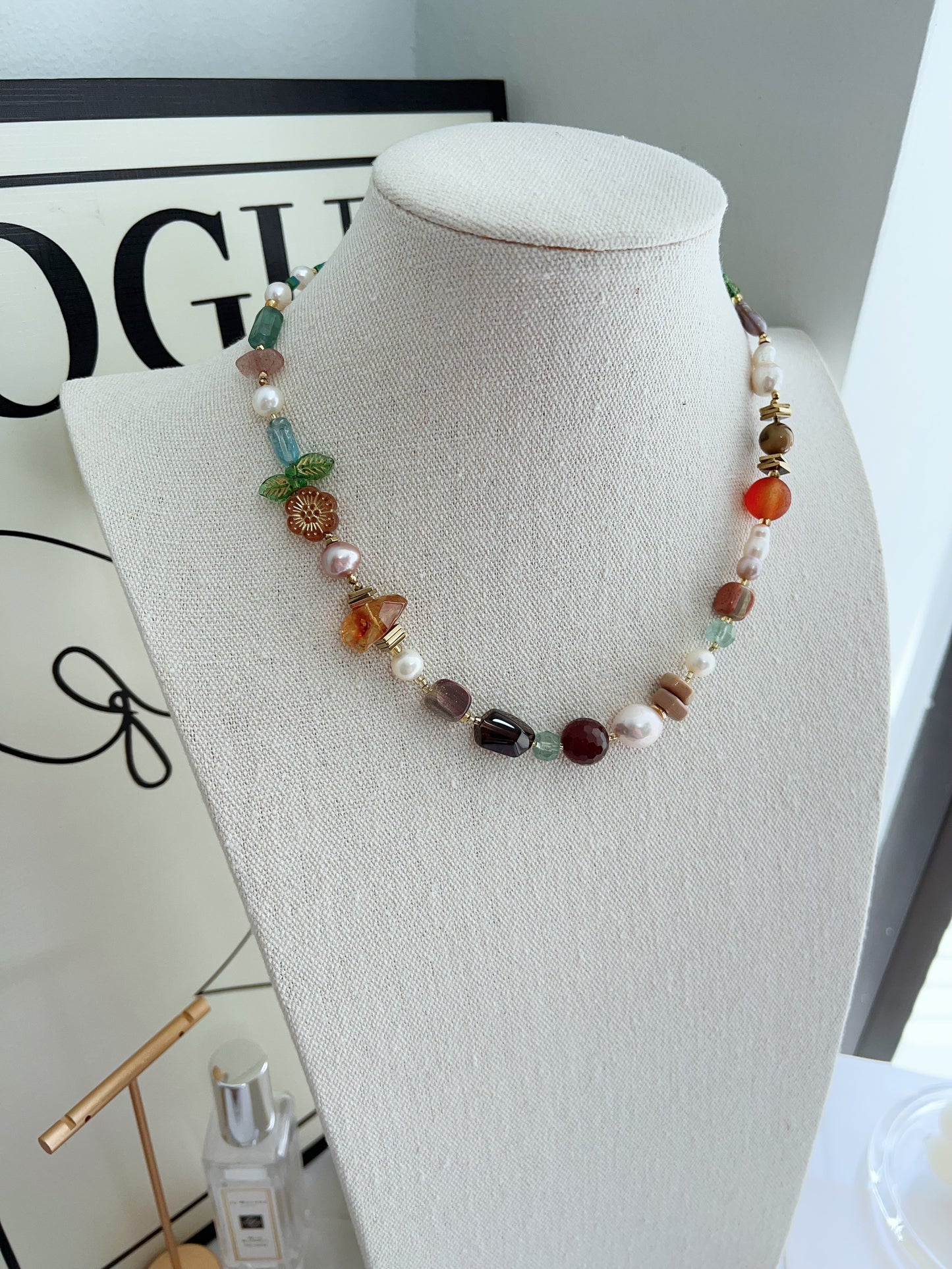 #PN1262 Freshwater pearl necklace agate fluorite citrine flower & leaf design colorful 43+5cm