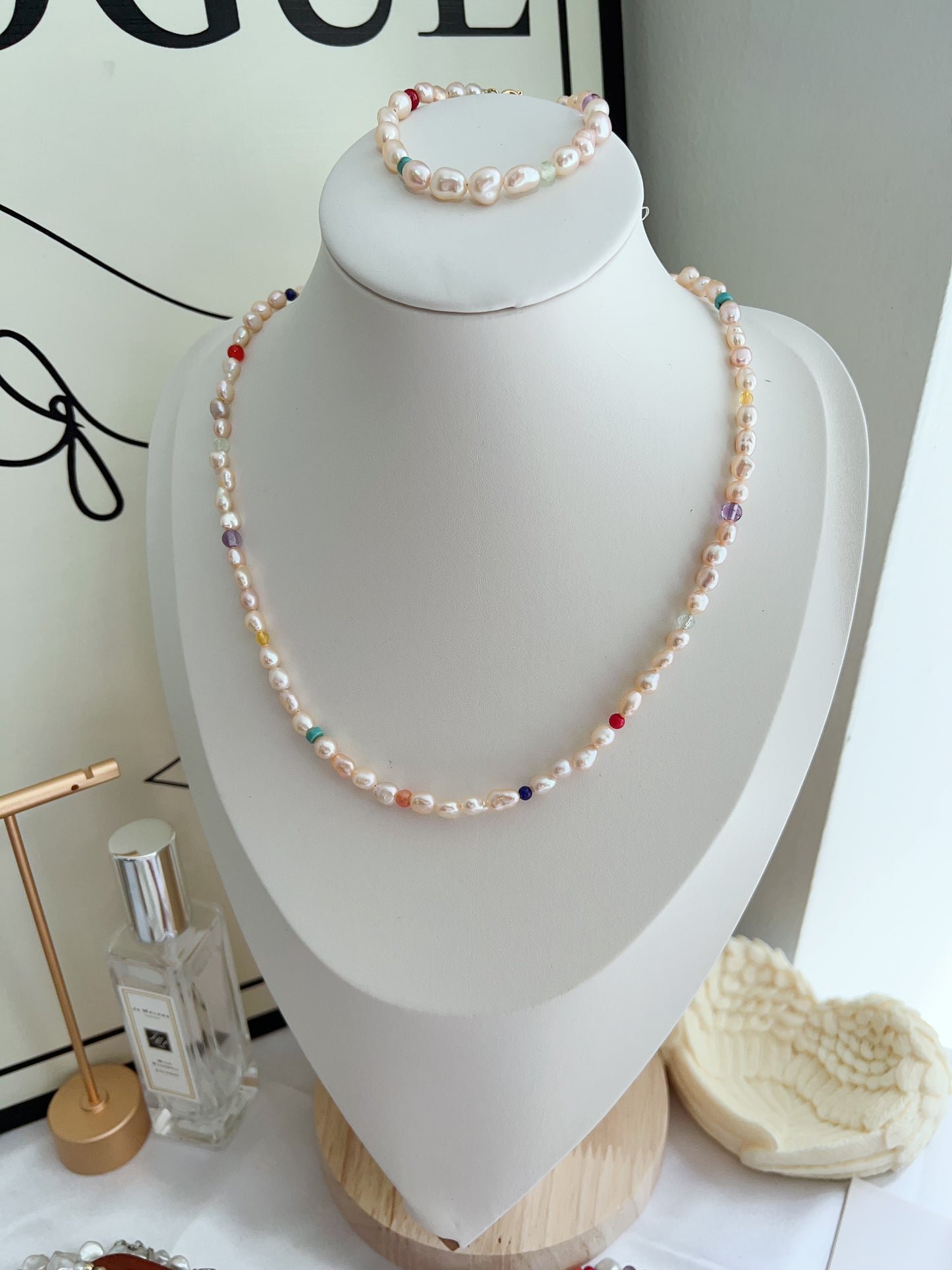 #PN1266 Freshwater Pearl Necklace & Bracelet Set champagne golden pearl rainbow natural stones agate amazonite lapis lazuli prehnite small beads