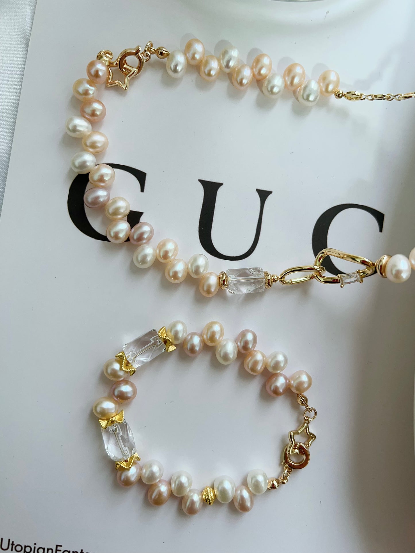 #PN1246 Freshwater Pearl Necklace & Bracelet Set chunky Rice Pearl clear quartz Freeform lace design Lustrous mixed colors