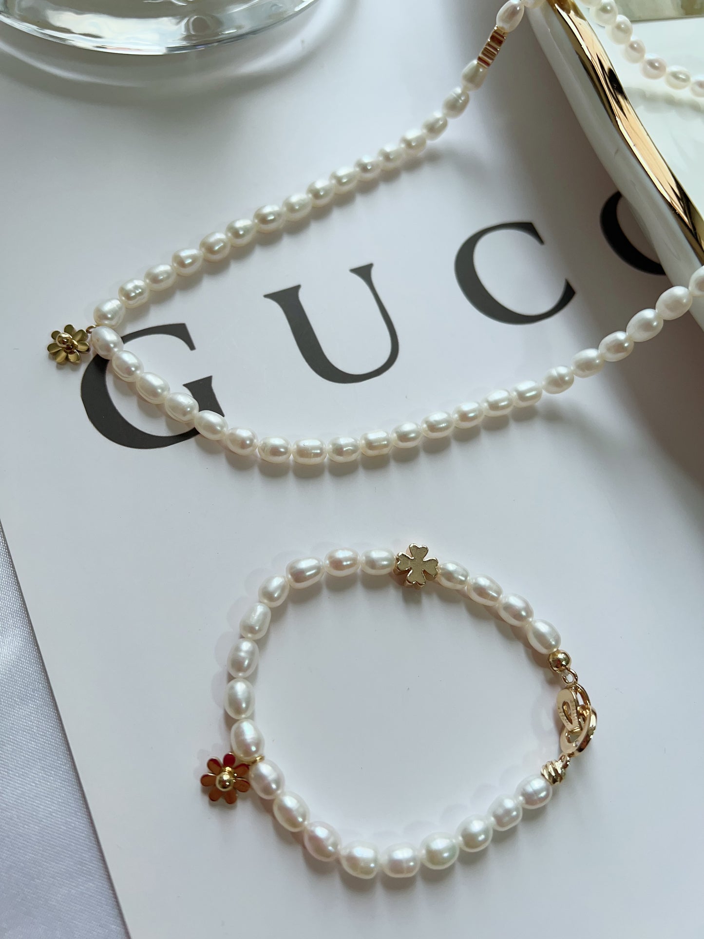 #PN1282 Freshwater pearl necklace & bracelet set rice shaped baroque pearl daisy pendant flower charm simple and elegant