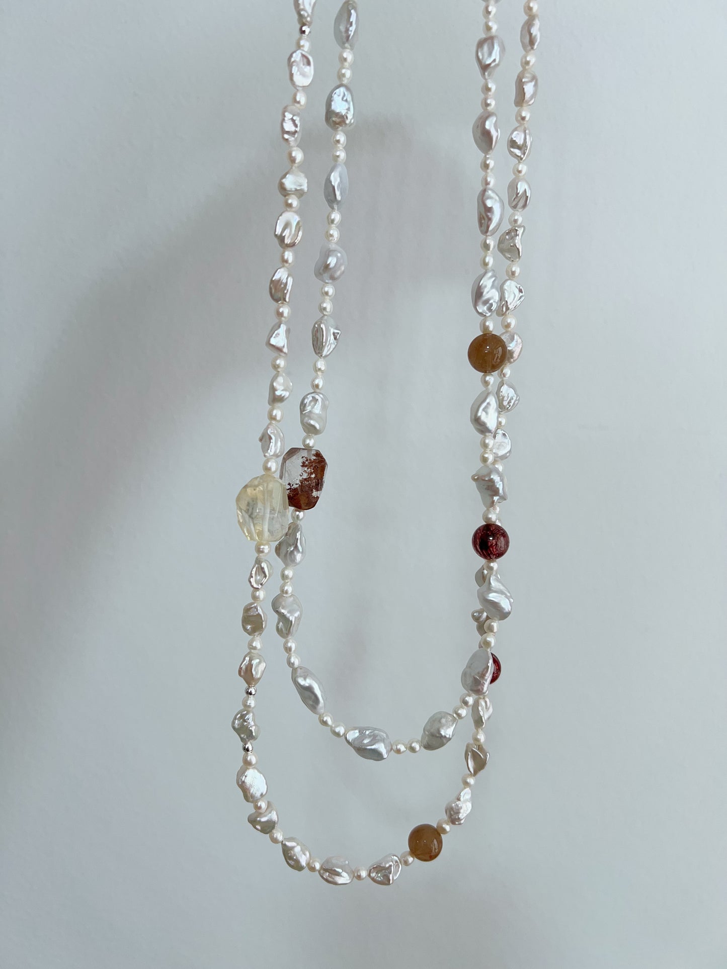 #PN1272 Freshwater pearl necklace silver stone irregular pearls silver lustre red rutile citrine freeform hematoid freeform 48cm 57cm