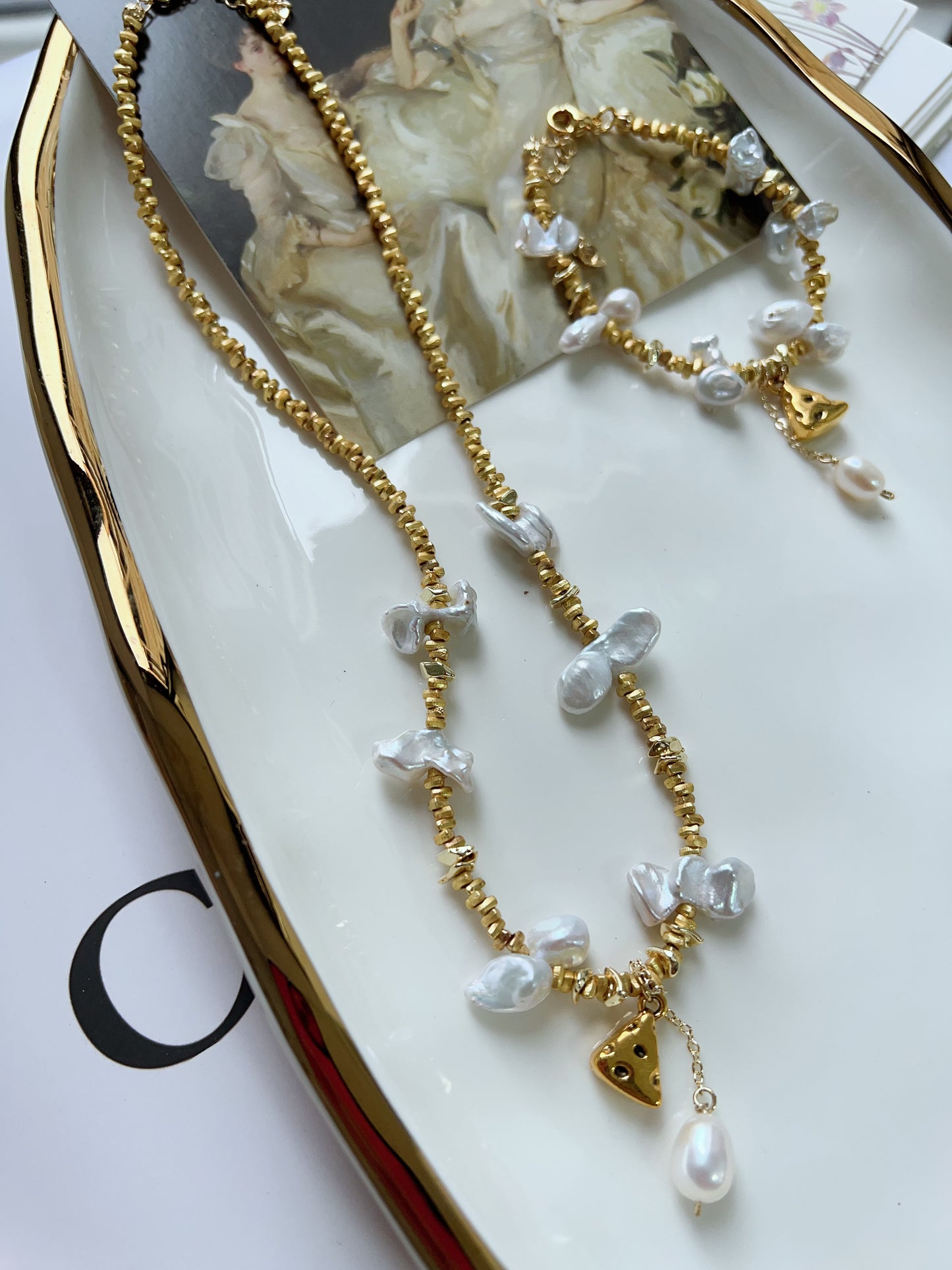 #PN1277 Freshwater pearl necklace & bracelet set irregular butterfly shaped pearl blue -silver lustre pendant cheese charm