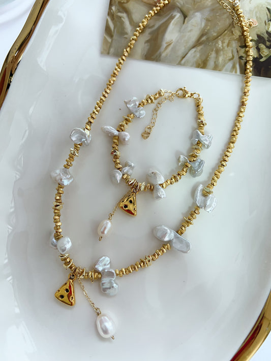 #PN1277 Freshwater pearl necklace & bracelet set irregular butterfly shaped pearl blue -silver lustre pendant cheese charm